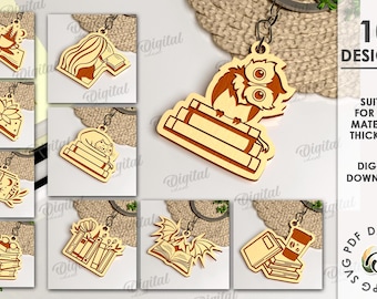 Book keychains bundle, reading keychain laser cut, engraved wooden key ring, boho svg, book lover gift svg, book worm svg
