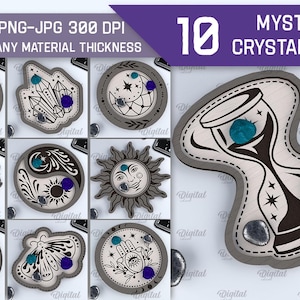 May include: Ten digital designs for mystical crystal trays. Each tray features a different design, including a crescent moon, a sun, a yin yang symbol, an hourglass, and a hand with an eye. The designs are in black and white with a grey background.