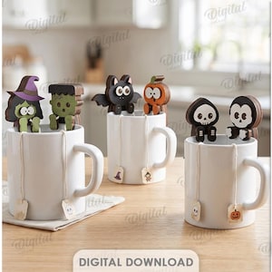 Halloween Tea Bag Holders Bundle, Funny  Mug Tea Bag  Hanger Laser Cut Files, Kitchen Gift, Cup Decor SVG, Halloween Characters, Kids