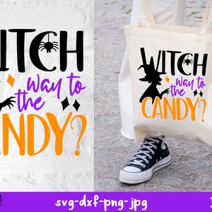 Op de afbeelding: Een zwarte en oranje Halloween-tote bag met een heksensilhouet en de tekst "Witch way to the candy?" erop gedrukt. De tas is gemaakt van natuurlijk canvas en heeft een resolutie van 300 DPI.