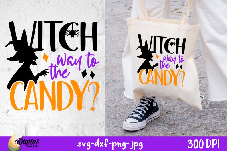 Op de afbeelding: Een zwarte en oranje Halloween-tote bag met een heksensilhouet en de tekst "Witch way to the candy?" erop gedrukt. De tas is gemaakt van natuurlijk canvas en heeft een resolutie van 300 DPI.