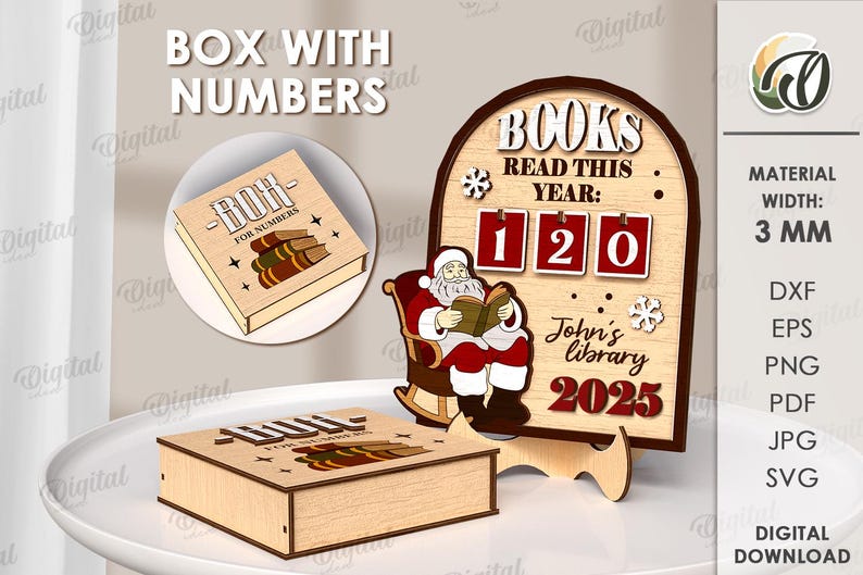 May include: Wooden box with the text "BOX WITH NUMBERS" and a smaller box with "BOH FOR NUMBERS" on top. A wooden sign with "BOOKS READ THIS YEAR: 120" and Santa Claus reading a book. The sign says "John's library 2025".