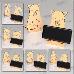 May include: Ten digital designs for laser cutting phone stands. Each design features a different animal, including a llama, a cat, a rabbit, a hippopotamus, and a bear. The designs are intended to be cut from 3 mm thick material.