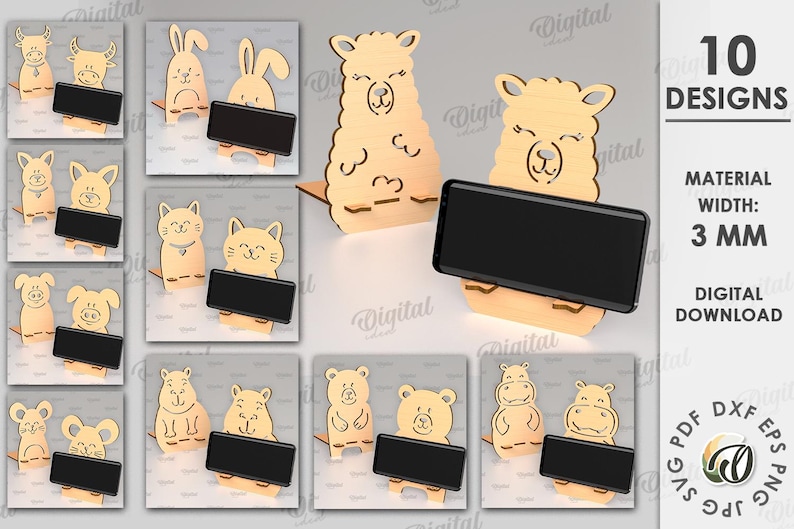 May include: Ten digital designs for laser cutting phone stands. Each design features a different animal, including a llama, a cat, a rabbit, a hippopotamus, and a bear. The designs are intended to be cut from 3 mm thick material.