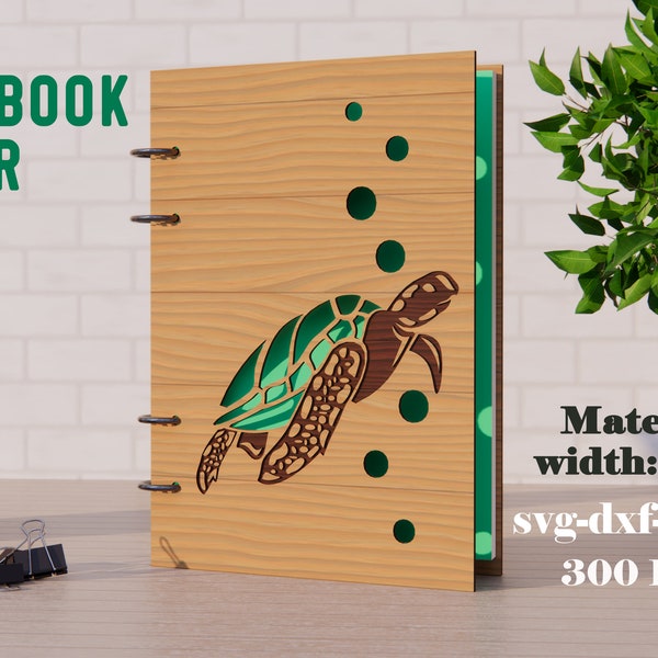 3D Turtle notebook cover lasercut, 4 ring binder lasercut, Glowforge wooden cover, album cover, journal cover SVG, 3D binder, marine svg