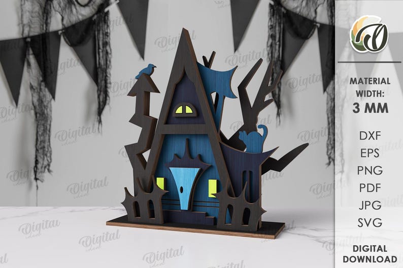 May include: A laser-cut wooden Halloween haunted house decoration. The house is painted in shades of blue and black, with a small blue bird perched on top. The material width is 3 mm.
