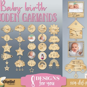 Pacchetto ghirlanda modello nascita bambino personalizzato, grafico neonato, taglio laser statistiche bambino, segni zodiacali, cornice per foto, arredamento scuola materna in formato SVG, insegna della camera dei bambini