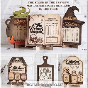 May include: A collection of ten laser-cut wooden kitchen conversion charts featuring Halloween-themed designs like a witch's hat, a cauldron, a skull, and a spellbook. Each sign displays measurement conversion tables for cooking and baking.