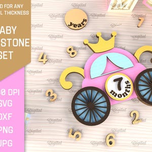 Jeu de cartes d'étape 3D princesse bébé, cartes de première année de bébé fille en couches découpées au laser, jolis jalons du mois svg, faire-part de bébé, landau