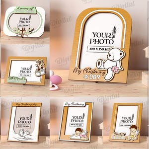 May include: A collection of ten wooden photo frame designs, each featuring decorative elements like doves, crosses, and teddy bears. The frames are designed for photos sized 100 x 150 mm and are 3 mm thick. The text "YOUR PHOTO" is visible on each frame.