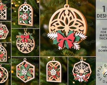Conjunto de enfeites de Natal 3D em camadas, decoração de árvore de Natal cortada a laser, suportes para árvore de Natal, enfeite de Natal de madeira em formato SVG, laço vermelho, floco de neve.