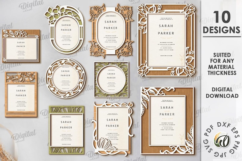 May include: Ten laser-cut invitation designs are displayed, showcasing diverse shapes such as rectangular, oval, and circular frames. Each frame features detailed floral and decorative patterns. The text "SARAH PARKER" is visible on each invitation.