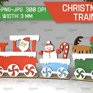 May include: A Christmas train with three cars. The first car is red and features Santa Claus. The second car is blue and features a snowman. The third car is green and features a reindeer pulling a gift box.