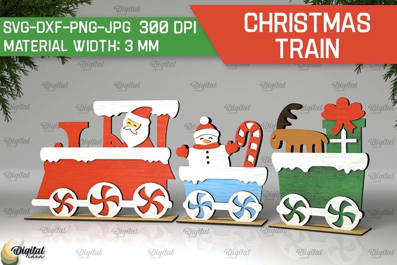 May include: A Christmas train with three cars. The first car is red and features Santa Claus. The second car is blue and features a snowman. The third car is green and features a reindeer pulling a gift box.