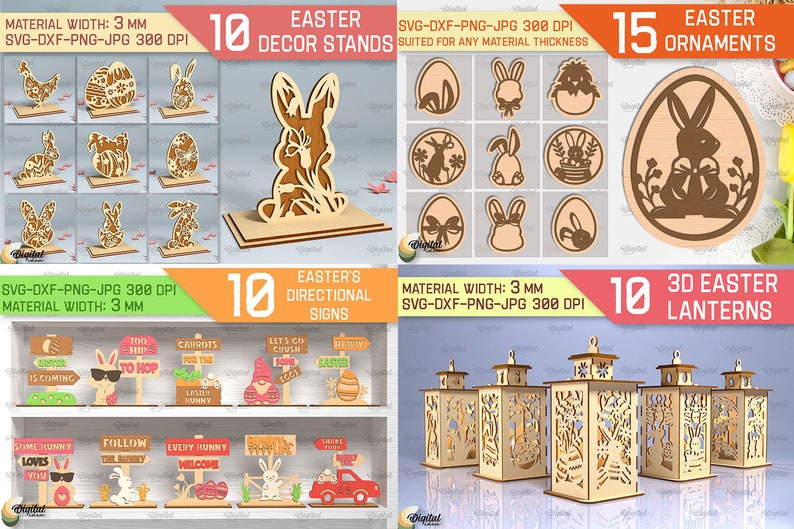 Mega bundle con taglio laser di Pasqua, 248 deisgn di taglio laser di Pasqua, taglio laser 3D di buona Pasqua SVG, biglietto pop-up, lanterne in legno, ornamento, stand in formato SVG immagine 5