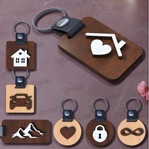 3D Keychains bundle, key chain laser cut, engraved wooden minimalist key ring, boho svg, house svg, keychain template, heart svg