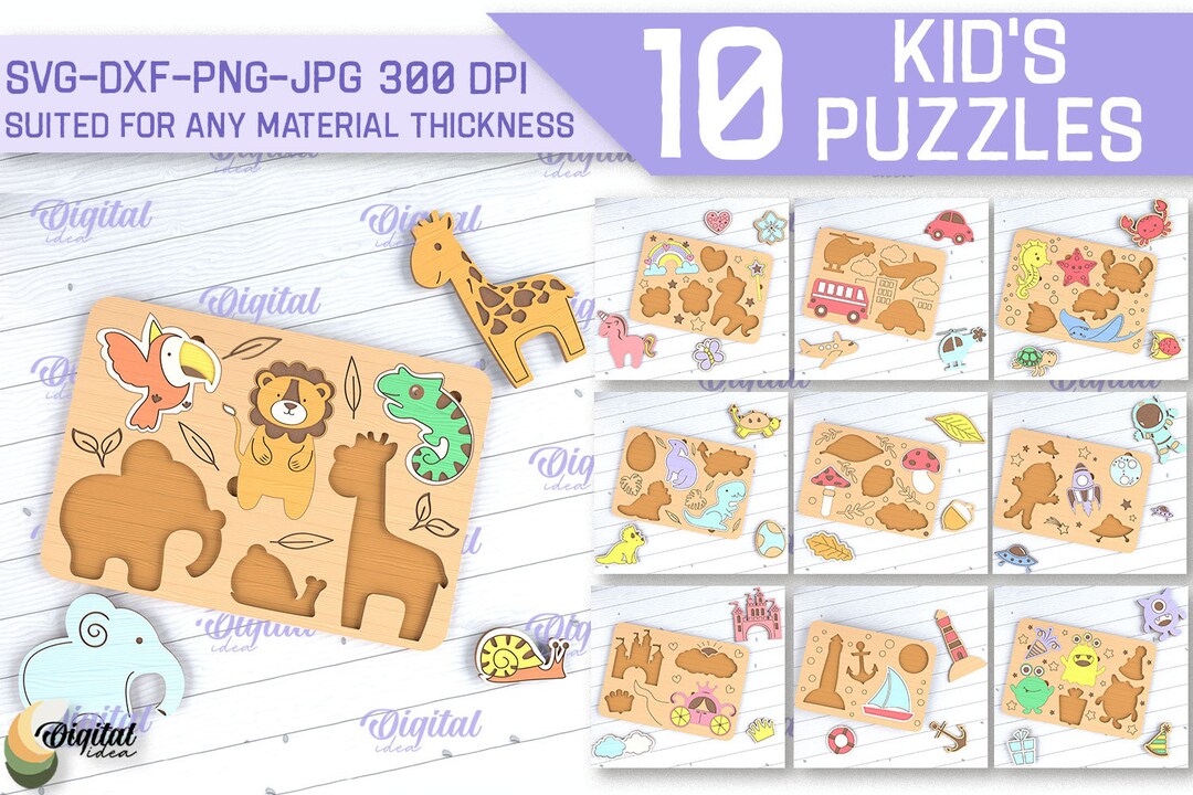 Wooden Kids Puzzles Bundle, 3D Laser Cut Puzzle SVG, Cute Animals ...