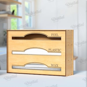 May include: A wooden box with three compartments for storing different types of wrap. The compartments are labeled "foil", "plastic", and "wax". The box is 3 mm thick.