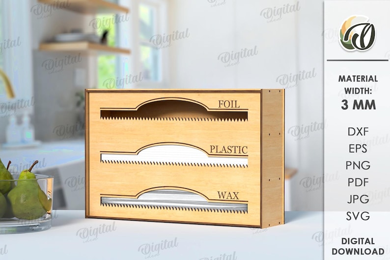 May include: A wooden box with three compartments for storing different types of wrap. The compartments are labeled "foil", "plastic", and "wax". The box is 3 mm thick.