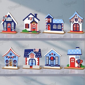 May include: Ten designs of patriotic American flag themed houses for laser cutting. The houses are red, white, and blue with stars and stripes. The material width is 3 mm.