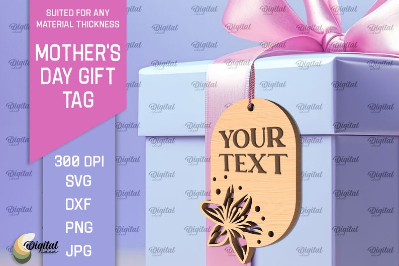 May include: A light blue gift box with a pink ribbon and a wooden tag that says "YOUR TEXT". The tag has a floral design and is perfect for a Mother's Day gift.