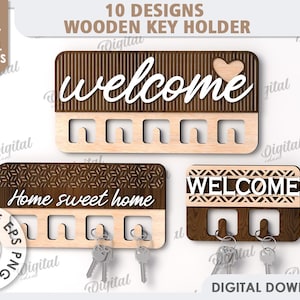 3D Wooden key holder bundle, hanging keychain holder laser cut, welcome sign, home decor, wall keyring hanger, key keeper, home quotes svg