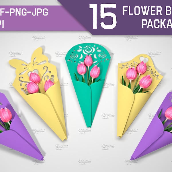 Flower bouquet package bundle, Bouquet packaging paper cut, 3D paper bouquet wrap, paper cone bouquet cover, flower holder svg, wedding svg