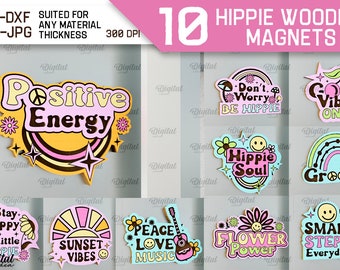 Hippie wooden magnets bundle, retro magnet laser cut, hippie wooden badge, hippie quotes and sayings, groovy fridge magnet svg
