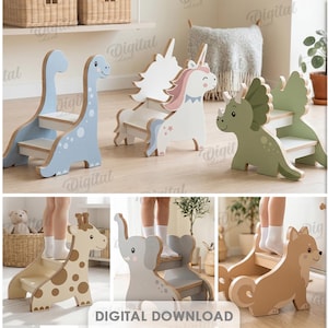 Könnte beinhalten: Eine Sammlung von zehn digitalen Designs für hölzerne Tritthocker in verschiedenen Tierformen wie Schnecke, Robbe, Dinosaurier, Einhorn, Triceratops, Wal, Ente, Giraffe, Elefant und Hund, mit einer Materialstärke von 15 mm für alle Dateien.