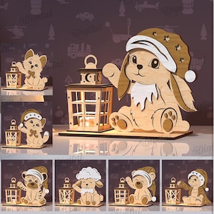 Lanterne notturne 3D per bambini, lampada da notte tagliata al laser, portacandele da tè, svg per bambini, cameretta dei bambini, simpatici animali, lanterna di legno