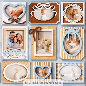 May include: A digital download featuring 10 photo frame designs in various shapes, including hearts and ovals. The frames are in wood tones and pastel colors, with images of people and pets. Text on the right says "10 DESIGNS" and "DIGITAL DOWNLOAD".