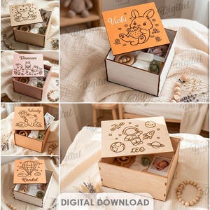 Peut inclure: Boîtes à souvenirs en bois avec couvercles gravés, présentant divers motifs et noms. Les boîtes sont ouvertes, révélant des contenus tels que des jouets et des photos. Le texte "10 DESIGNS" et "DIGITAL DOWNLOAD" sont visibles.