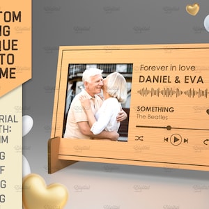 Marco de fotos de placa de canción de pareja, lista de reproducción spotify svg, marco de imagen de reproductor de música personalizado con soporte, regalo de aniversario, corte láser de San Valentín 3D