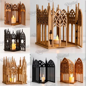 May include: A collection of laser-cut wooden candle holders in various colors, including black, brown, and natural wood tones. The designs feature Gothic arch and window patterns, with space for a single candle. The image also includes the text "10 DESIGNS" and "DIGITAL DOWNLOAD."