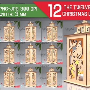 The twelve days of Christmas lanterns bundle, 3D Xmas lantern laser cut, Candle holder SVG, Christmas light SVG, Rustic Xmas Glowforge lamp