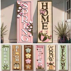 May include: A set of ten wooden signs with spring-themed designs. The signs display words such as "Spring," "Home," and "Welcome," decorated with floral and butterfly motifs. Suitable for any material thickness, these signs are available as a digital download.