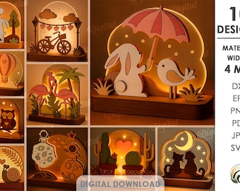 May include: A collection of ten illuminated wooden designs, each featuring a unique scene. Designs include a bunny with an umbrella, a bicycle, a hot air balloon, flamingos, owls, snails, an astronaut, cacti, and cats. The material width is 4 mm.