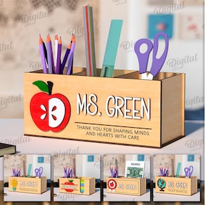 3D Teacher pencil holders bundle, custom pen and note holder laser cut, wooden desk organizer, teacher thank you gift, teacher quotes svg