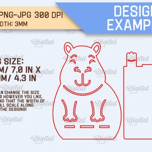 May include: A red line drawing of a hippopotamus with a happy expression. The hippopotamus is standing on a rectangular base with three slots. The image also includes a red line drawing of a rectangular box with two slots at the top. The text "DESIGN EXAMPLE" is at the top of the image. The text "SVG-DXF-PNG-JPG 300 DPI" and "MATERIAL WIDTH: 3MM" is at the top of the image. The text "AVG SIZE: 179.2 MM/ 7.0 IN X 108.5 MM/ 4.3 IN" is in the center of the image. The text "NOTE: YOU CAN CHANGE THE SIZE OF THE DESIGNS HOWEVER YOU LIKE, BUT BEAR IN MIND THAT THE WIDTH OF SLOTS WILL SCALE ALONG WITH THE DESIGNS!" is in the center of the image.