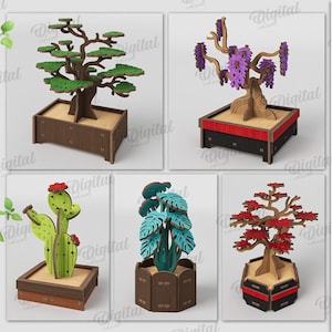 3D Plant decors bundle, bonsai tree laser cut, monstera plant svg, wooden cactus stand, shelf sitter, wisteria, maple, 3d model mini tree