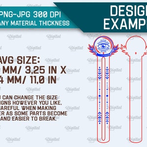 May include: Two bookmark designs, one with a blue eye and red and blue geometric patterns, and the other blank. The text "AVG SIZE: 82.55 MM/ 3.25 IN X 279.4 MM/ 11.0 IN" is visible. The text "NOTE: YOU CAN CHANGE THE SIZE OF THE DESIGNS HOWEVER YOU LIKE, BUT BE CAREFUL WHEN MAKING THEM SMALLER AS SOME PARTS BECOME THINNER AND EASIER TO BREAK." is also visible.