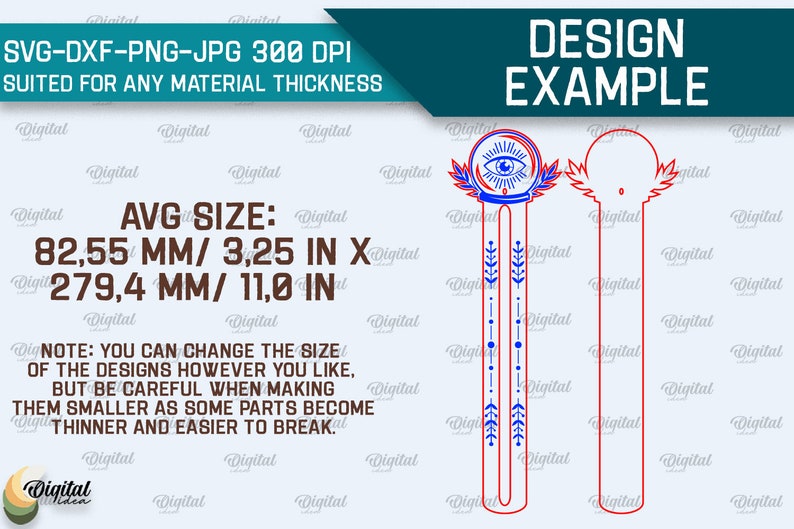 May include: Two bookmark designs, one with a blue eye and red and blue geometric patterns, and the other blank. The text "AVG SIZE: 82.55 MM/ 3.25 IN X 279.4 MM/ 11.0 IN" is visible. The text "NOTE: YOU CAN CHANGE THE SIZE OF THE DESIGNS HOWEVER YOU LIKE, BUT BE CAREFUL WHEN MAKING THEM SMALLER AS SOME PARTS BECOME THINNER AND EASIER TO BREAK." is also visible.