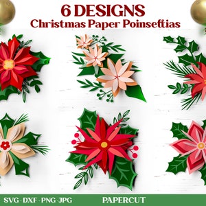 Christmas Poinsettia Bundle SVG, Christmas Papercut flowers, 3D Xmas paper cut svg, Christmas decoration, Christmas paper decor