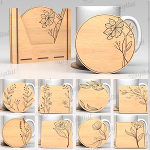 Könnte beinhalten: Holzuntersetzer mit floralen Designs, dargestellt mit einem Halter und einer Tasse. Das Set enthält runde und quadratische Untersetzer, jeweils mit einer einzigartigen botanischen Illustration. Die Materialstärke beträgt 3 mm. Der Text "10 DESIGNS" und "DIGITAL DOWNLOAD" ist ebenfalls enthalten.
