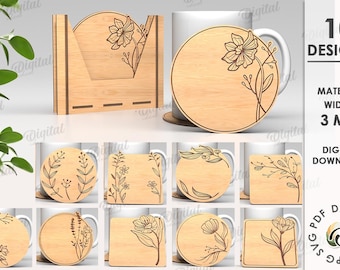 3D Floral coasters with holder bundle, coaster with box laser cut, kitchen svg, Mother's day gift, cup coaster set, boho, round and square