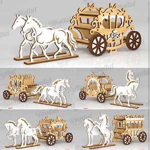 Zestaw 3D Powóz z końmi, dekoracyjny wózek konny wycinany laserowo, drewniany wózek na półkę, ruchomy zabytkowy powóz księżniczki, dzieci glowforge