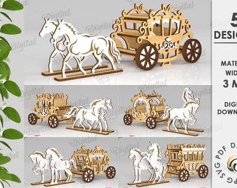 Puede incluir: Cinco diseños de carruaje tirado por caballos, cortados con láser. El carruaje está decorado con intrincados trabajos de volutas y tiene un techo extraíble. Los diseños son adecuados para material de 3 mm de espesor.