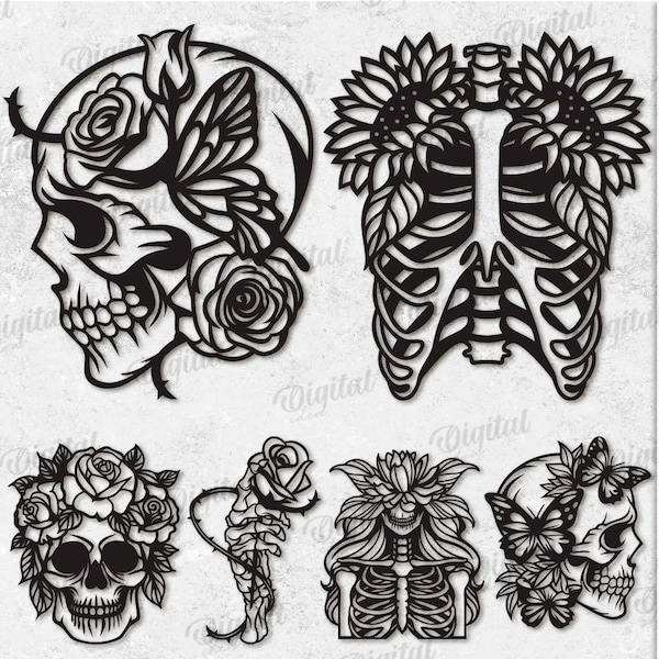 3D Skelette mit Blumen Bundle, Halloween Laser geschnitten, Blumenskelett Zeichen svg, Wandkunst, Wohnkultur Glühlampe, Schädel, Gothik, Schmetterling