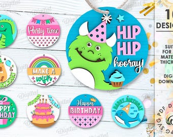 Paquete de letreros redondos de cumpleaños en 3D, letrero redondo en capas cortado con láser, SVG de feliz cumpleaños, corte de papel, letrero de bienvenida para colgar en la pared, citas de cumpleaños