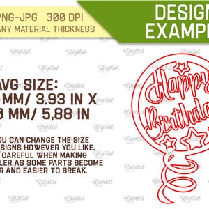 May include: Red outline design of a balloon with the text "Happy Birthday" inside. The balloon is 3.93 inches by 5.88 inches.